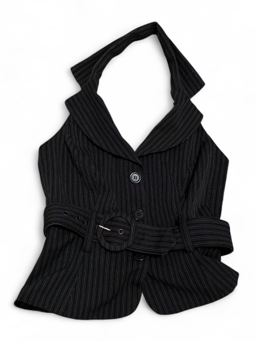 Y2K Charlotte Russe Black Pinstripe Halter Belted Vest Tank Top